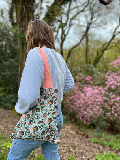 Eco-friendly hedgehog tote bag, great for carrying books at university and folding for shopping, ideal wildlife gift