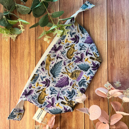 A beautifully designed hare makeup bag, perfect for hare gifts in the UK and unusual wildlife gifts.