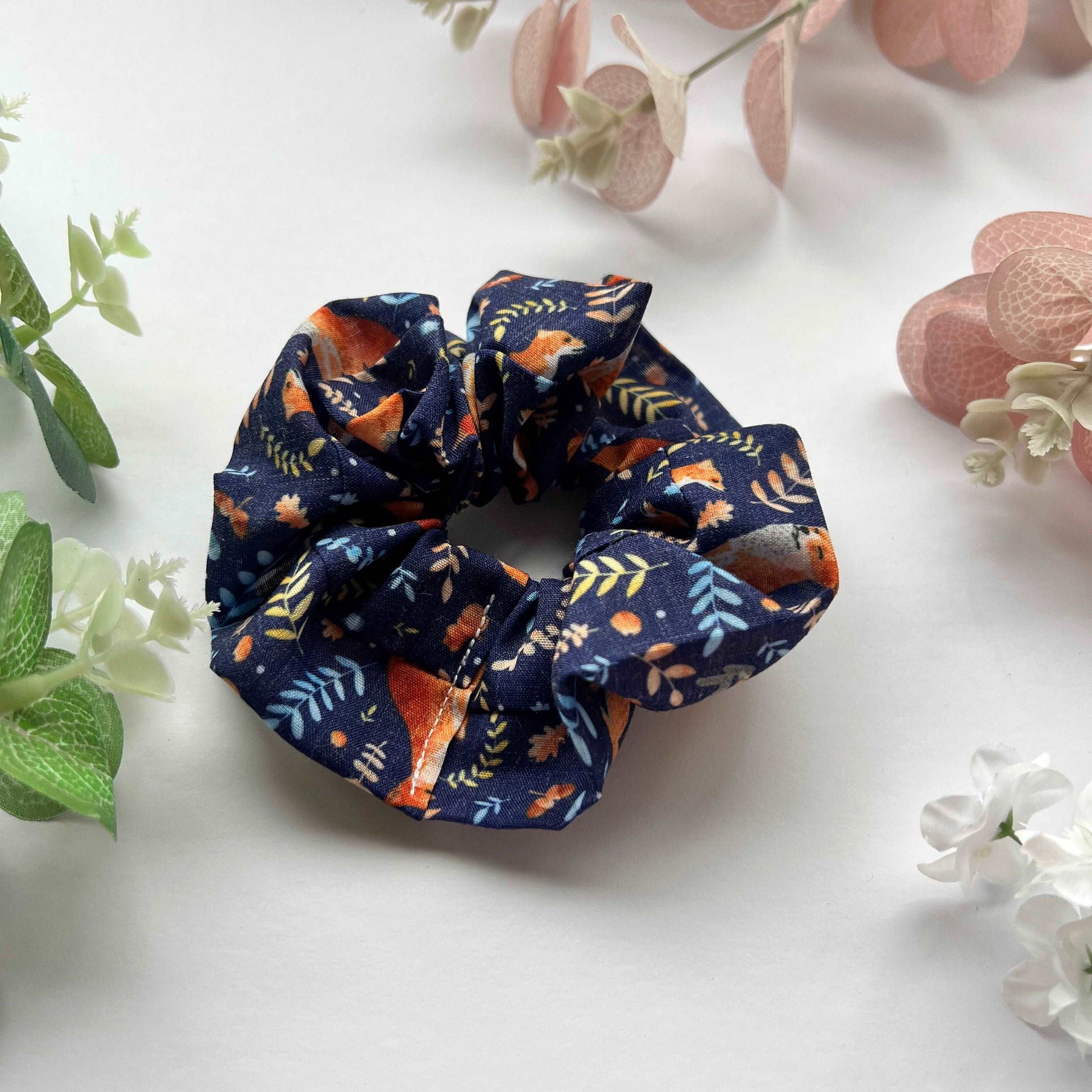 Charming fox scrunchie, perfect cotton hair accessory.
