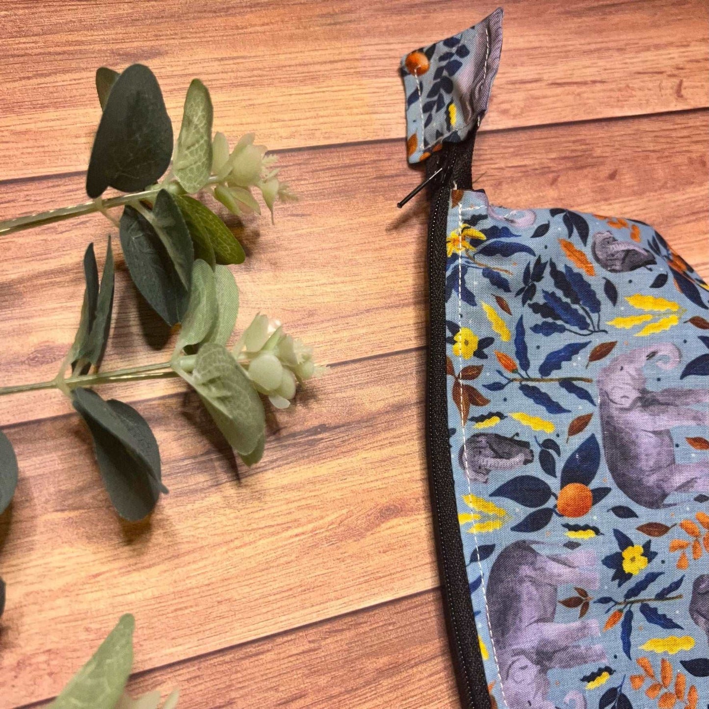 Makeup bag with elephant pattern for elephant lovers.