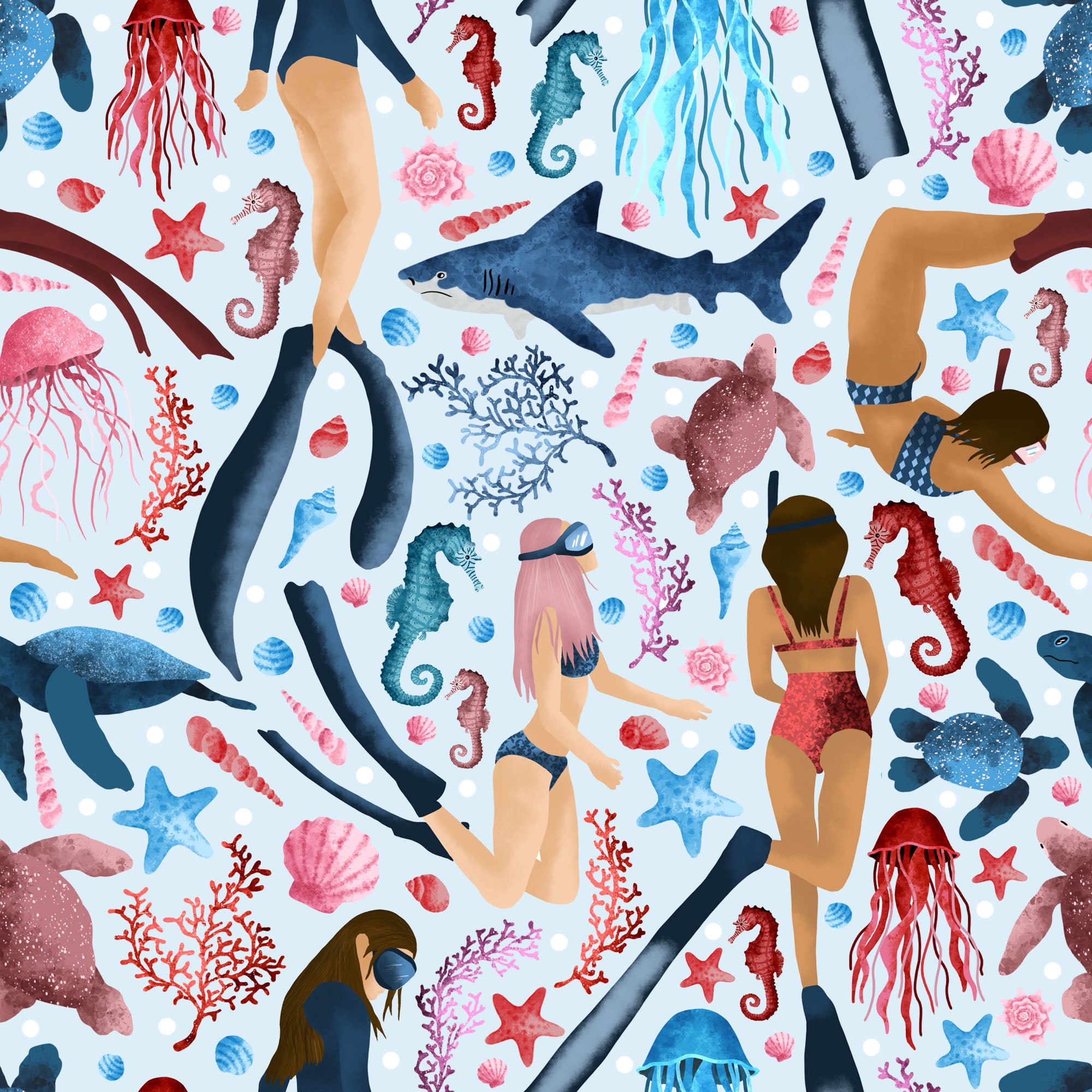 scuba girls surface pattern design as seamless tile repeat