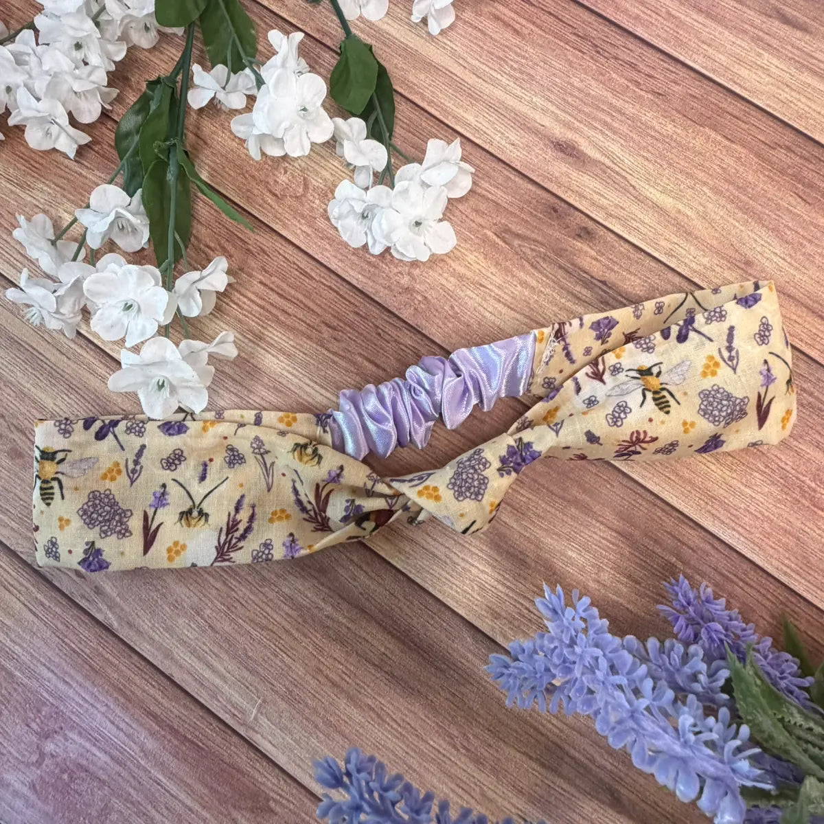 Handmade bee headband featuring original Tahlia Paige illustrated bee artwork.
