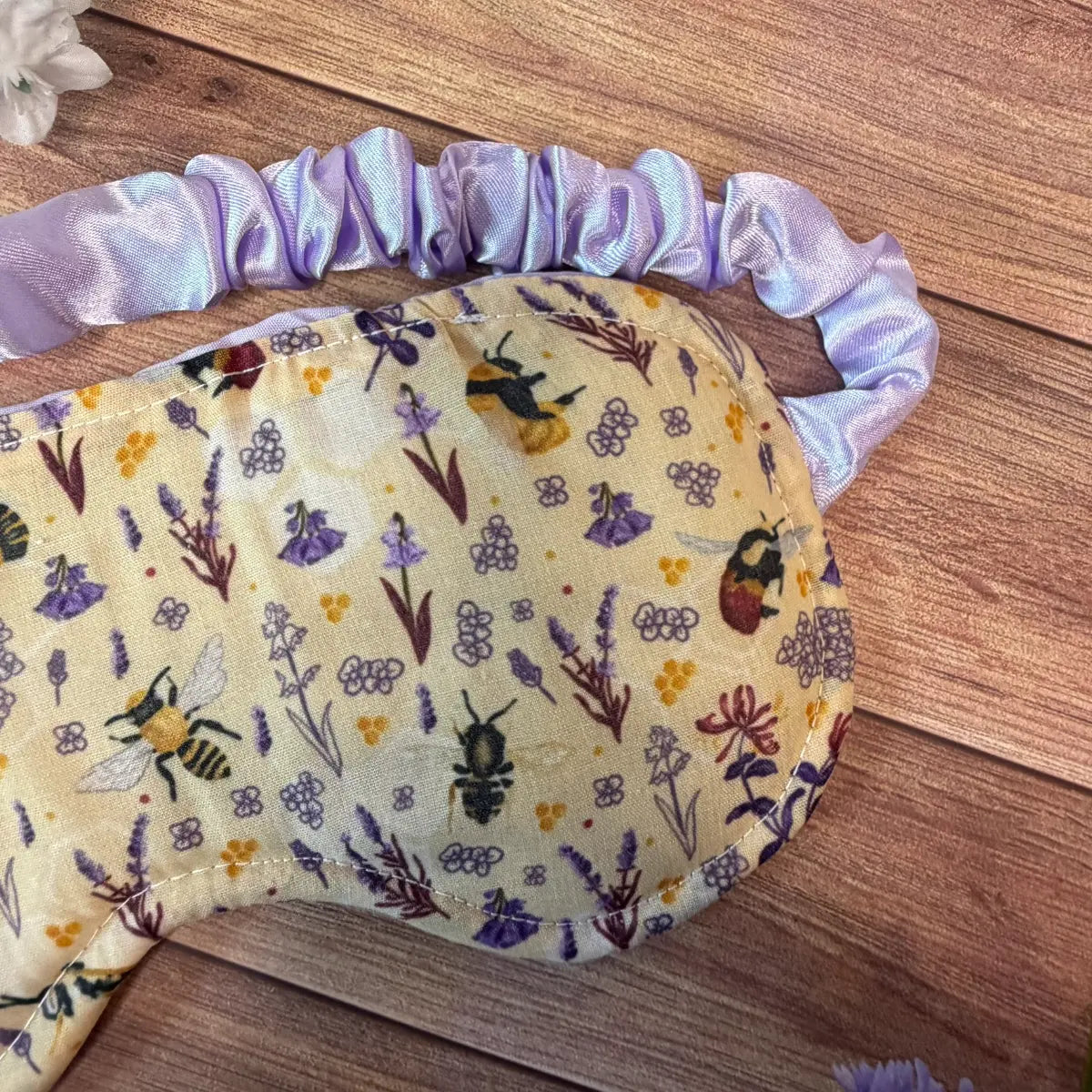 Bee patterned eye mask made using printed avio cotton, polycotton and satin.
