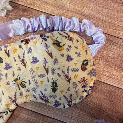 Bee patterned eye mask made using printed avio cotton, polycotton and satin.
