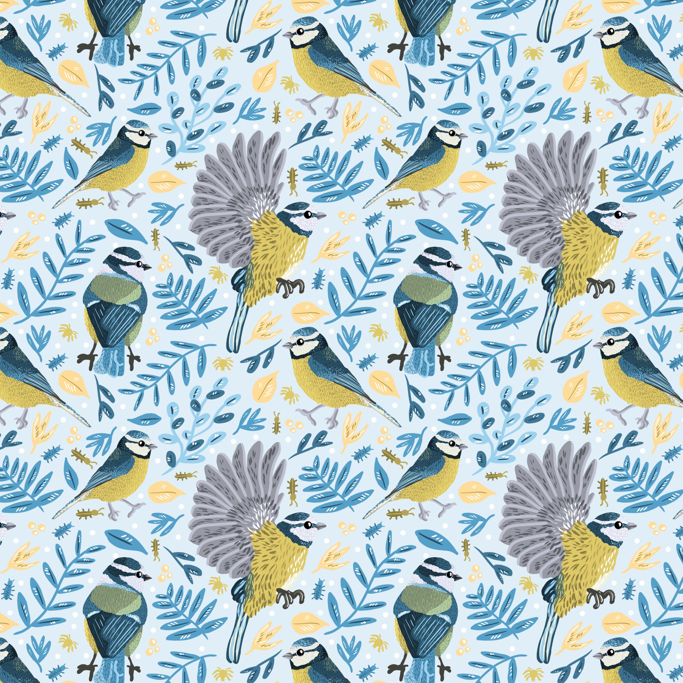Blue tit Collection in Light blue seamless repeat design