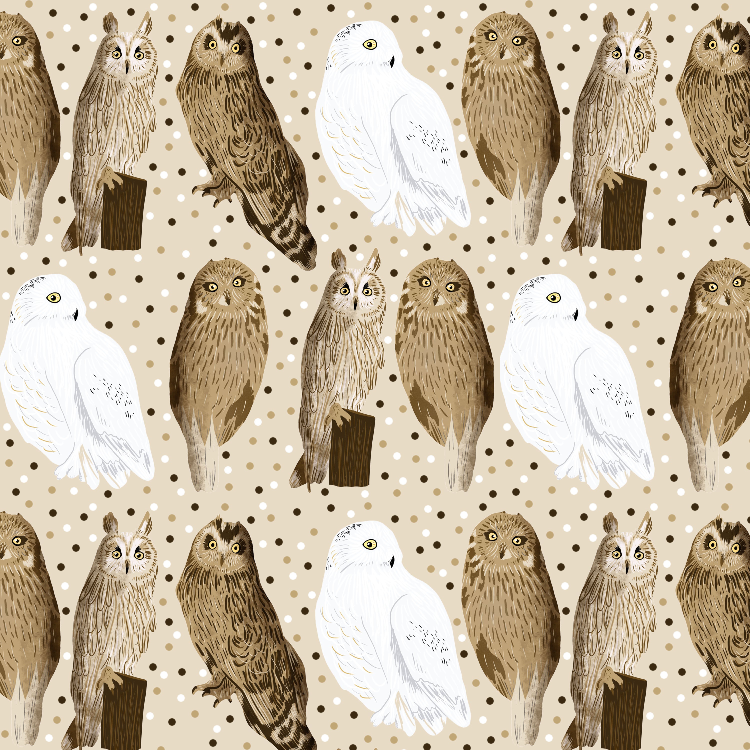 owl surface pattern design with snowy owl, tawny owl and more