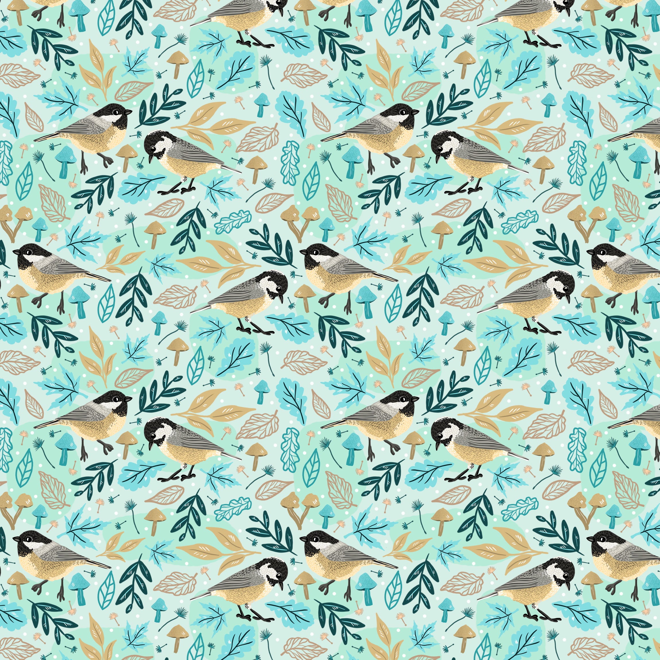 coal tit design in blue as seamless repeat