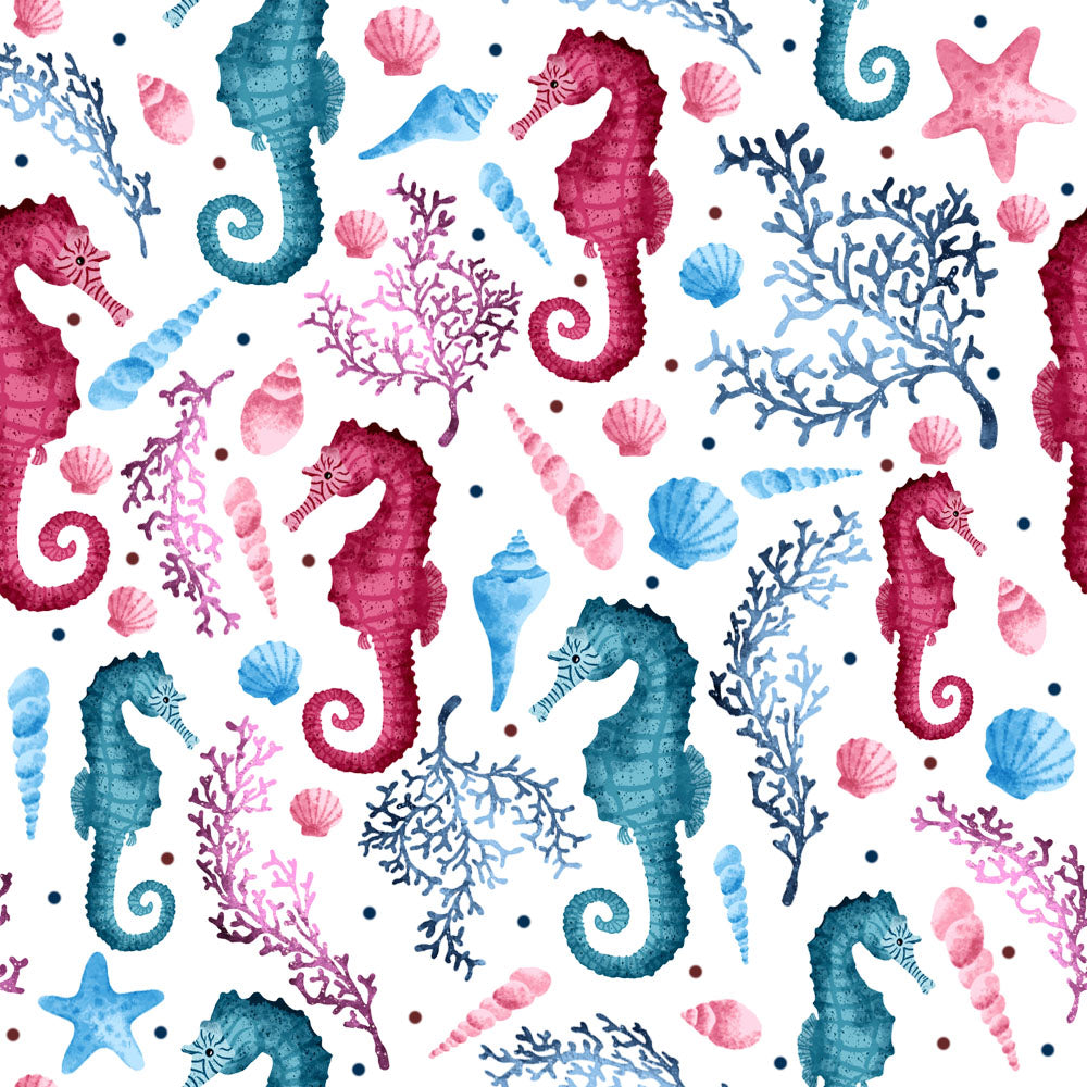 Seahorse surface pattern design, seamless repeat with white background and coral and shells