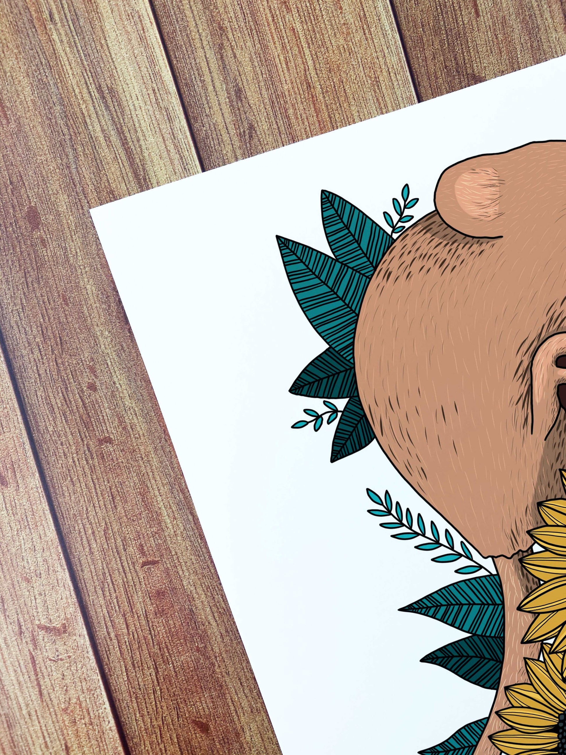 a corner of the dormouse print showing a close up of the dormouse's back and some leaves behind it, drawn in a digital style