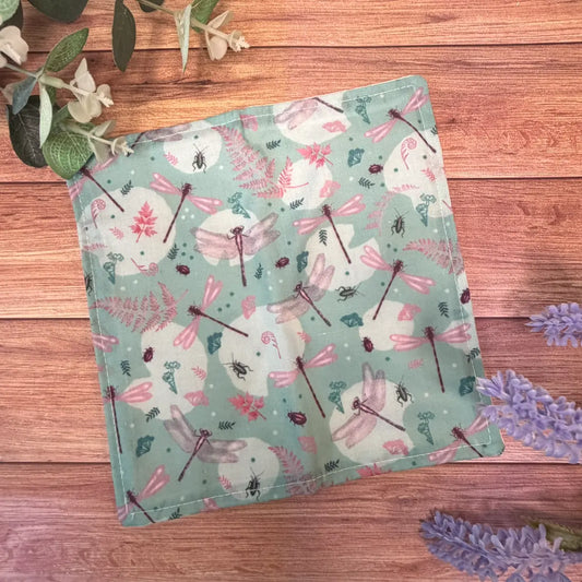 Handmade dragonfly cotton face flannel featuring original Tahlia Paige insect illustrations.
