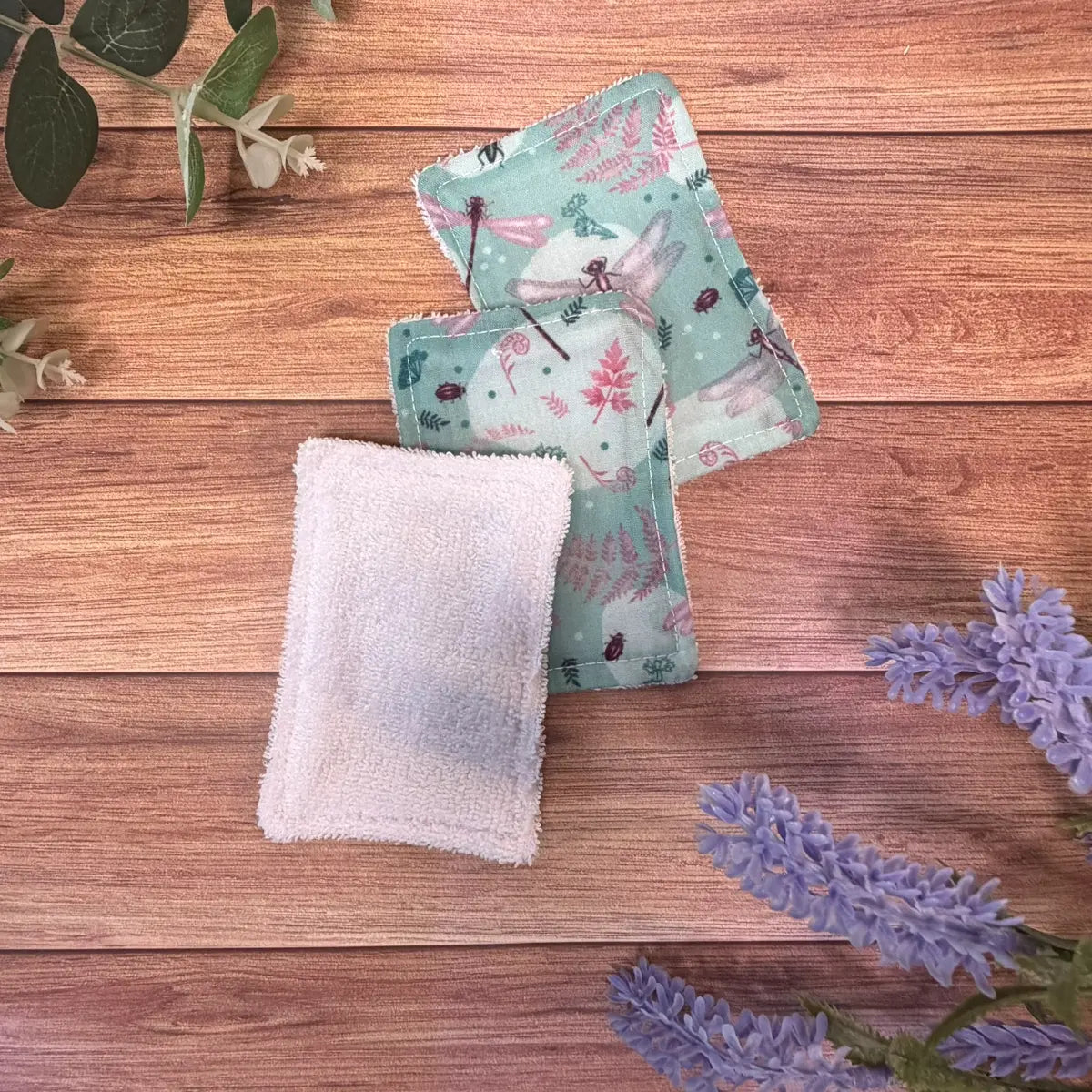Handmade dragonfly exfoliating pads featuring original Tahlia Paige insect illustrations.
