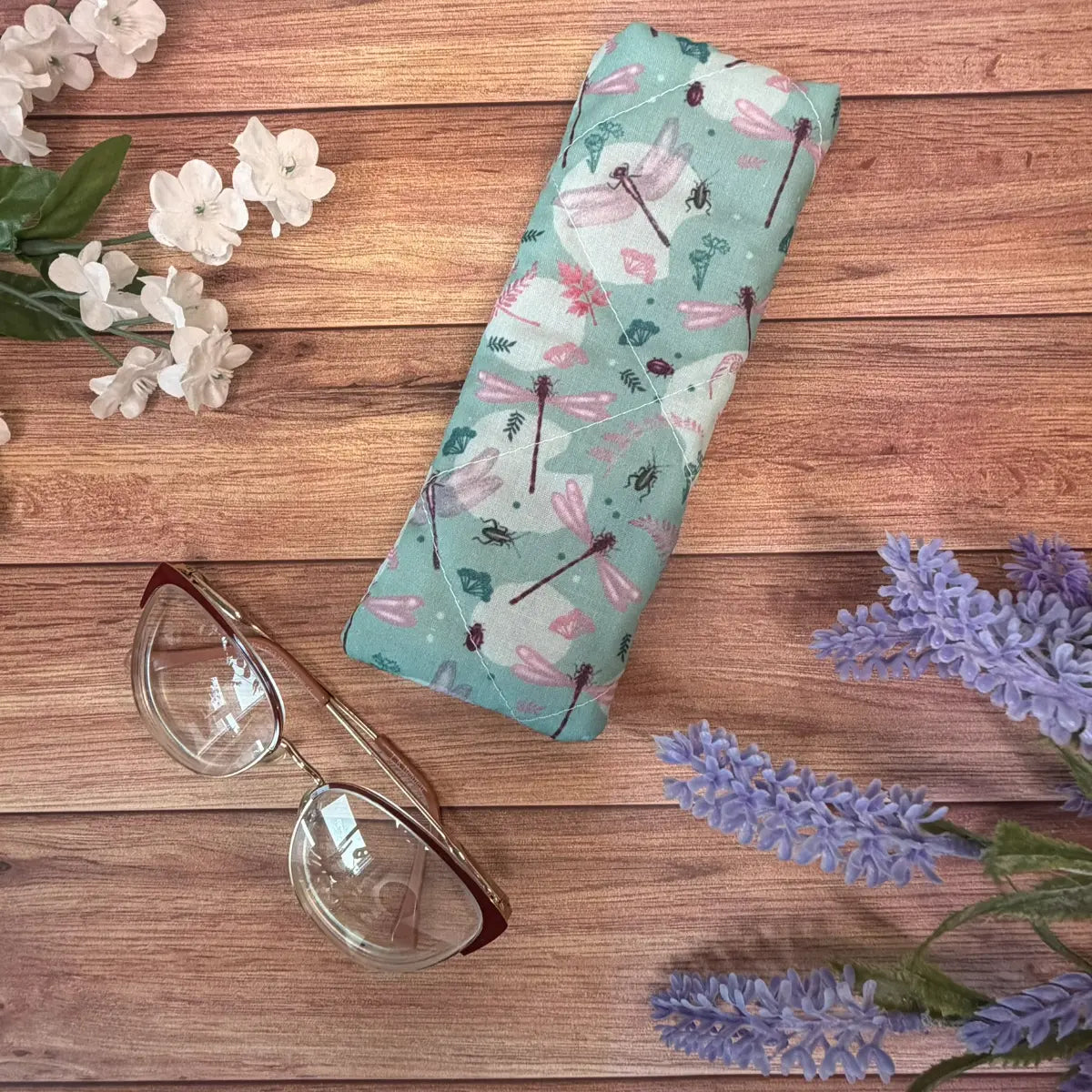 Handmade dragonfly reading glasses case featuring original Tahlia Paige illustrations.
