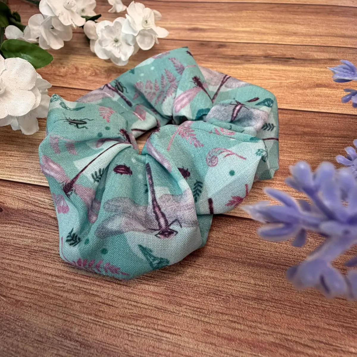 Dragonfly patterned cotton hair tie with gathered fabric as hair ties for women