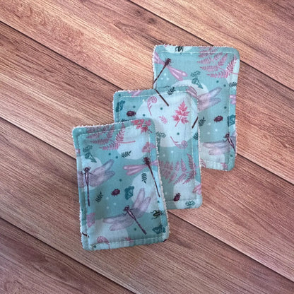 Handmade dragonfly skincare pads designed as an alternative to disposable products.

