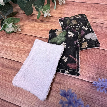 Washable fabric face pads with original illustrated moth designs.
