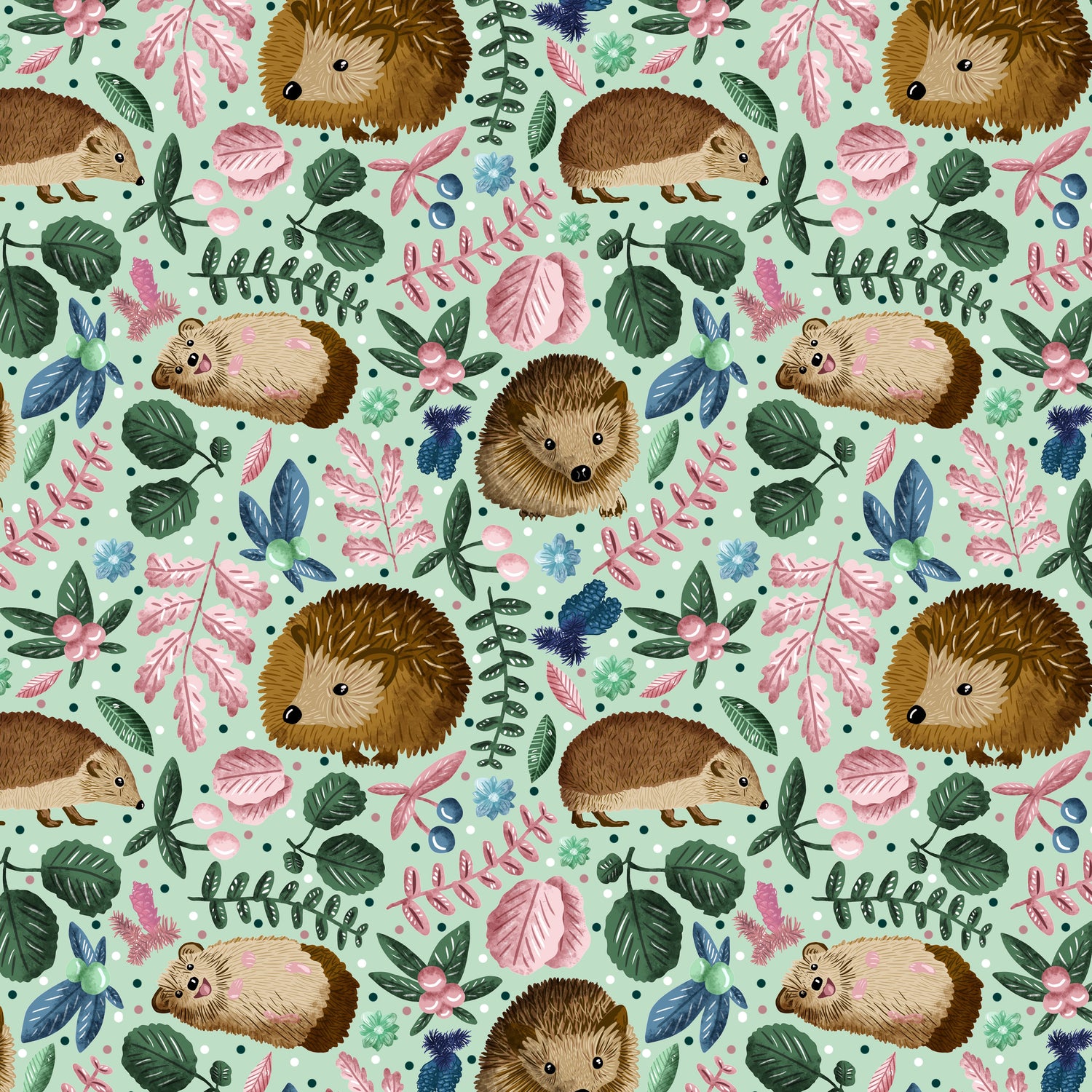 hedgehog surface pattern design as a seamless repeat with green background