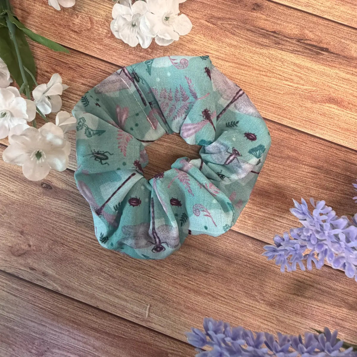 Handmade dragonfly scrunchie featuring original Tahlia Paige insect artwork.
