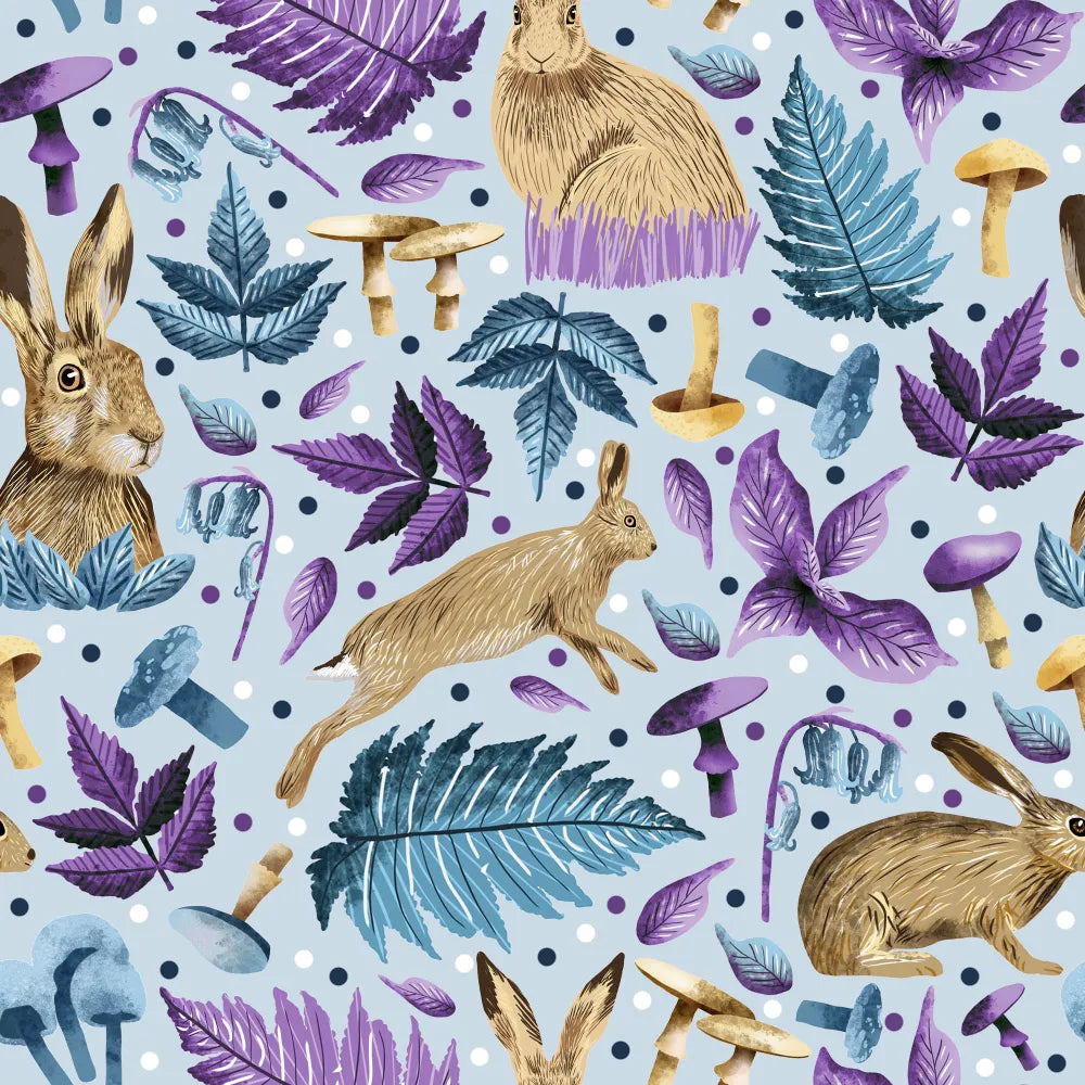 A repeating illustrated pattern design featuring brown rabbits, purple and blue leaves, mushrooms, and small purple dots on a pale blue background.