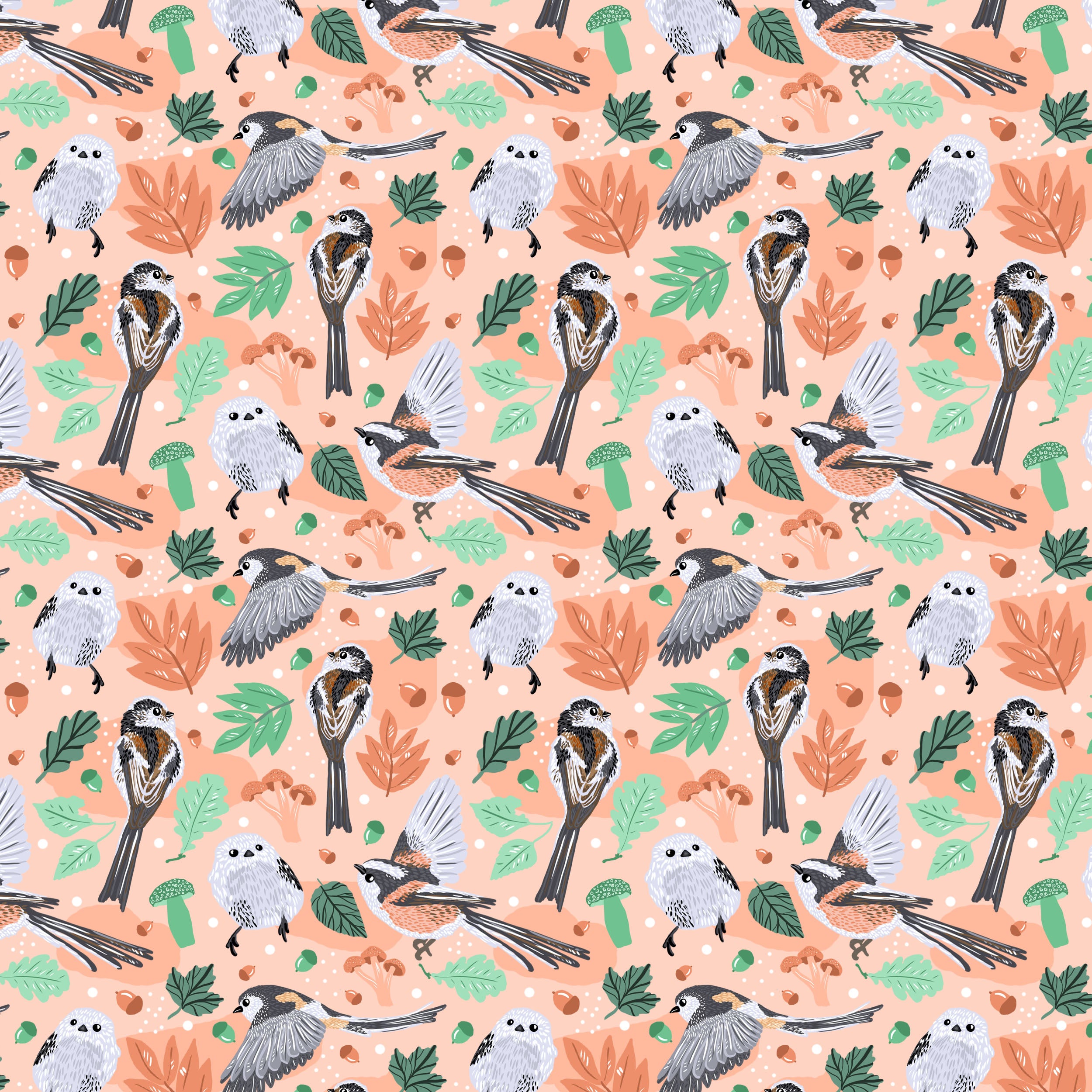 long tailed tit surface pattern design by Tahlia Paige