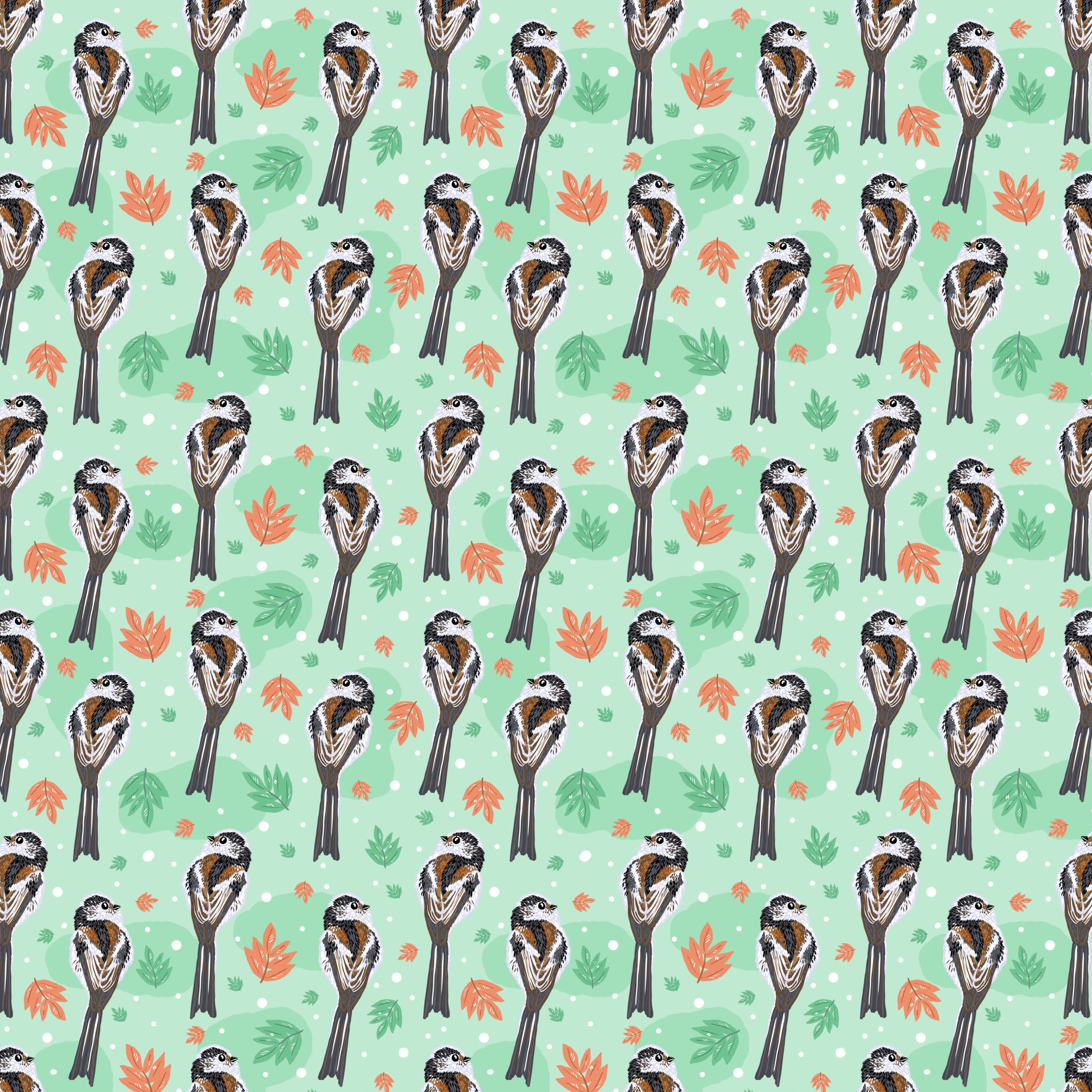 long tailed tit green design as seamless repeat