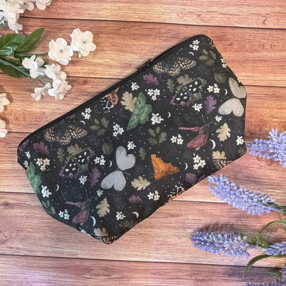 Handmade moth big cosmetic bag featuring original Tahlia Paige illustrated moth artwork.
