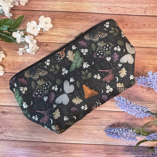 Handmade moth big cosmetic bag featuring original Tahlia Paige illustrated moth artwork.
