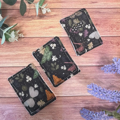 Set of three reusable moth skincare pads with textured cotton towelling.
