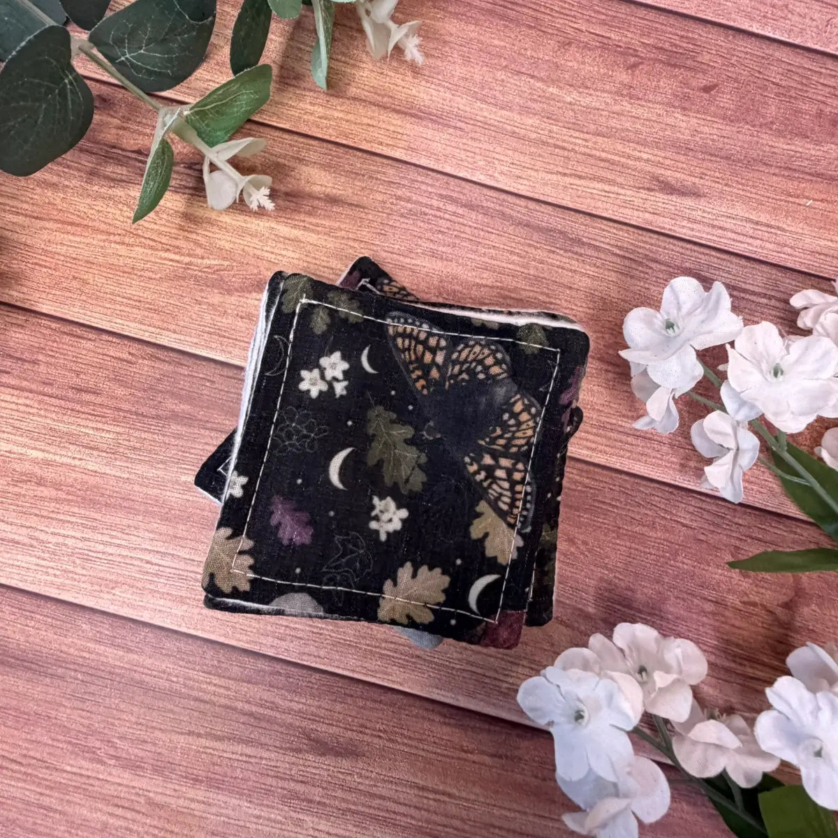 Set of six handmade moth reusable skincare pads featuring original Tahlia Paige insect illustrations.
