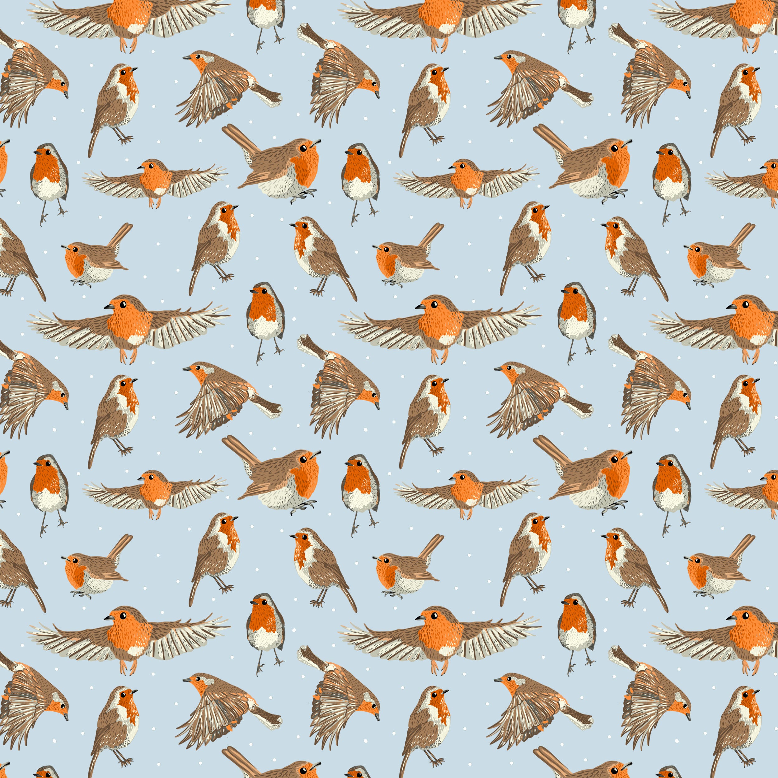 Blue robin seamless repeat, surface pattern design in winter style