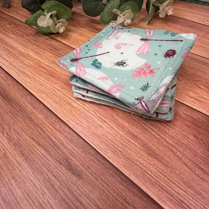 Handmade reusable products for skincare with illustrated avio cotton backings.
