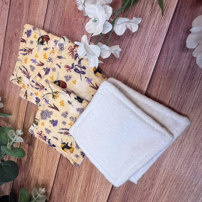 Handmade bee skincare accessories featuring six lightly padded fabric pads.
