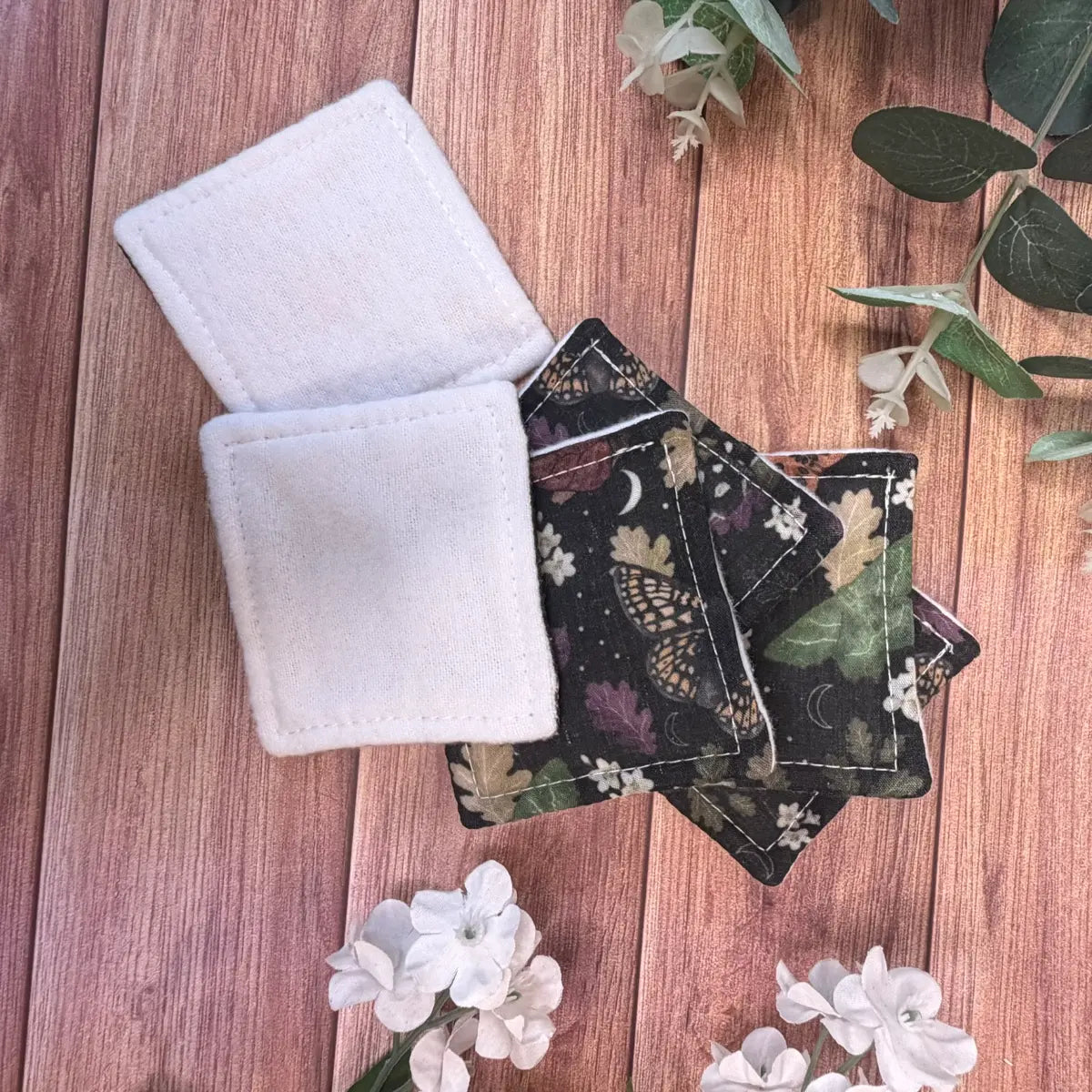 Handmade reusable facial pads suitable for a zero waste makeup routine.
