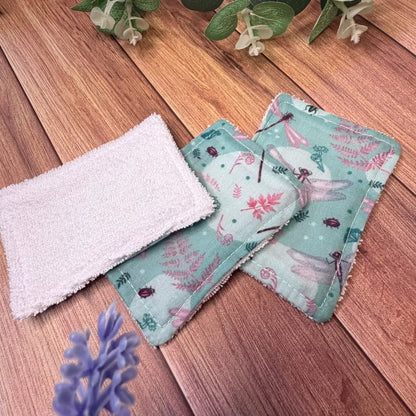 Set of three washable dragonfly facial pads with textured cotton towelling.
