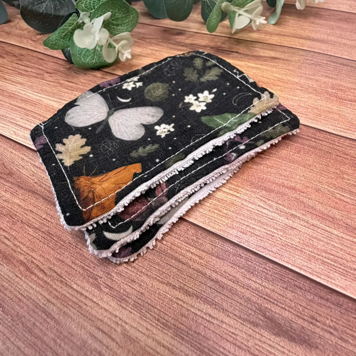 Eco friendly stocking fillers featuring handmade moth patterned exfoliating pads.

