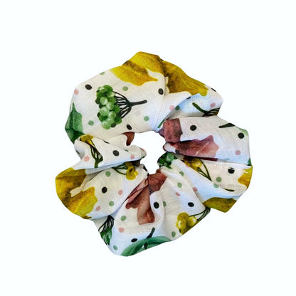 pretty foliage patterned white scrunchie on white background
