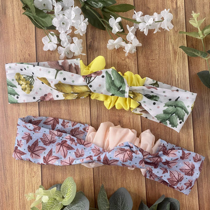 set of two headbands foliage leaf patterns cute giftset blue pink green white yellow colour scheme