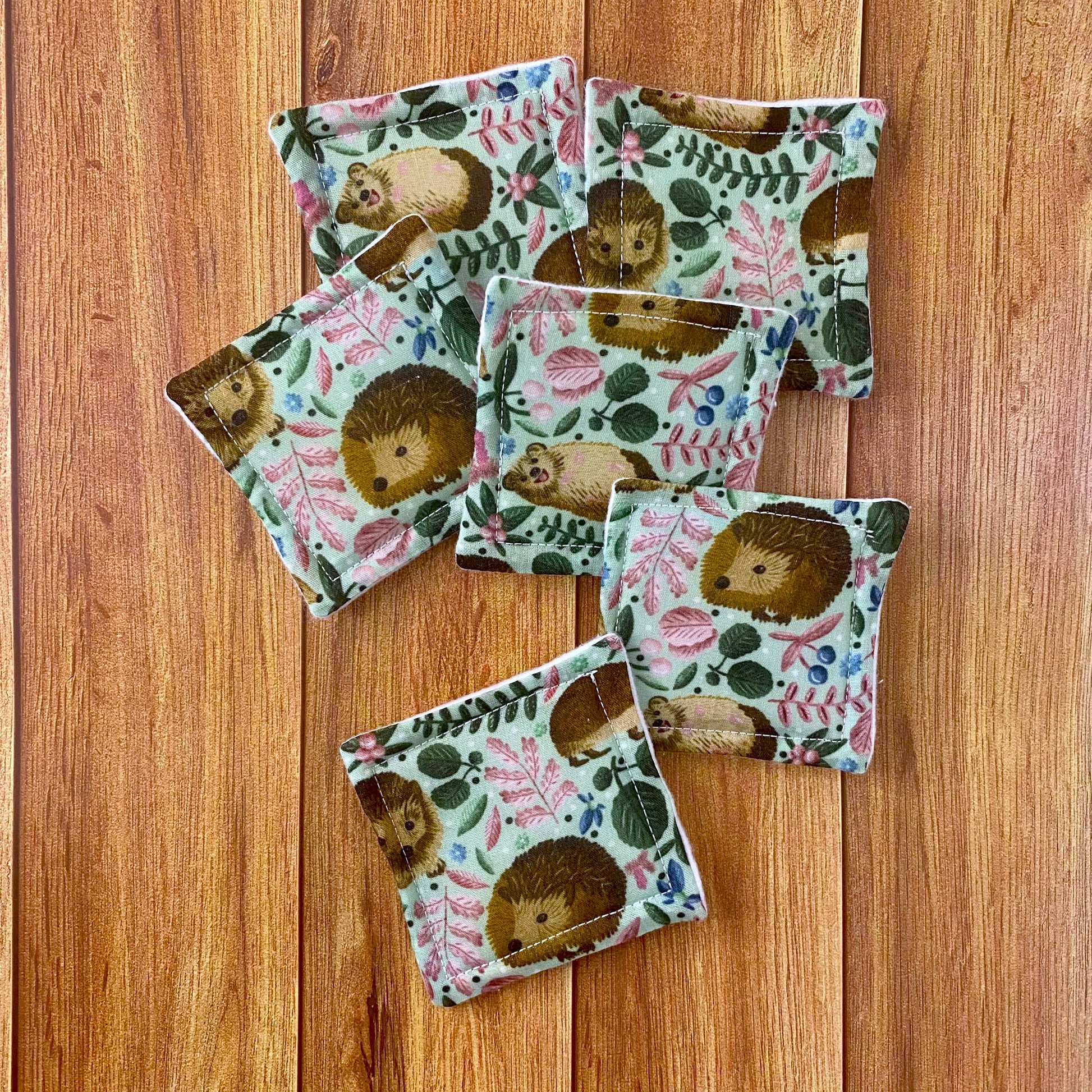 six hedgehog patterned reusable skincare pads on a wooden background
