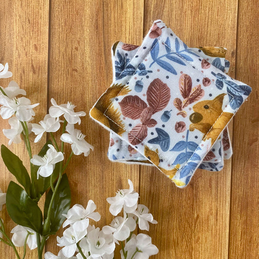 red squirrel patterned skincare pads on a wooden floor with flowers around it