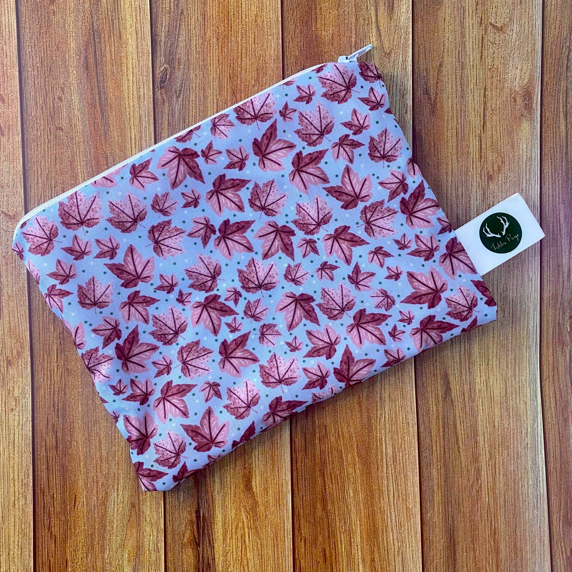 pink leafy pattern on a storage pouch, ideal as a makeup bag or pencil case as a cute gift for her