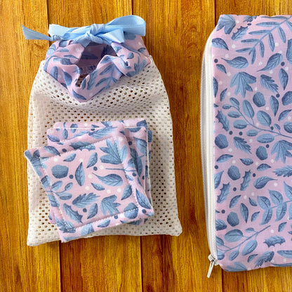 washbag and reusable pads shown with pouch, not included in this set