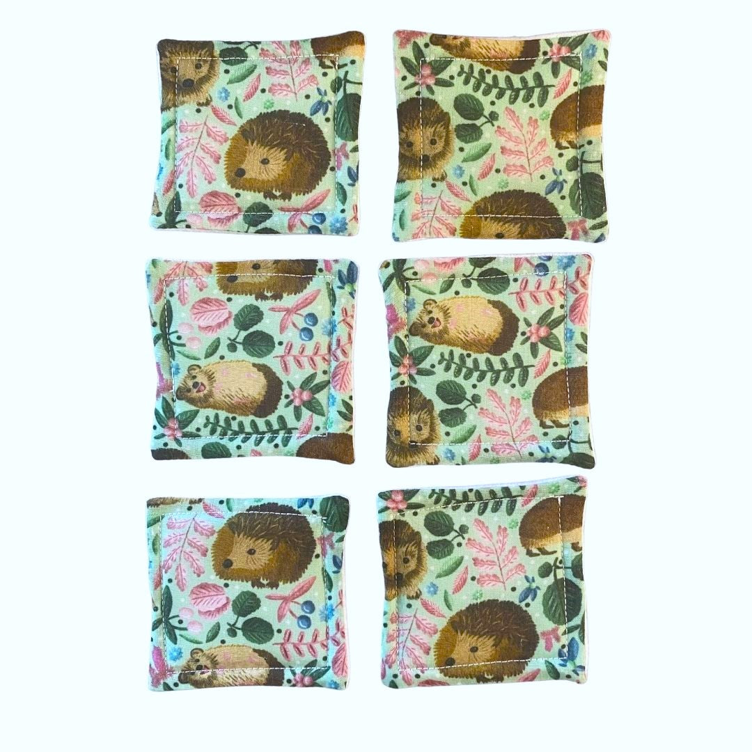 six reusable skincare pads in the hedgehog pattern on a white background