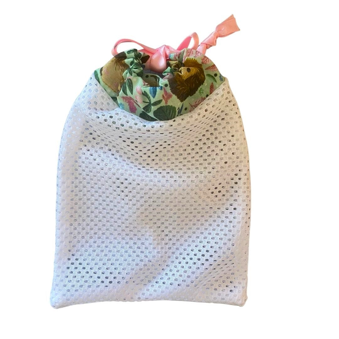 "Eco-friendly hedgehog wash bag, ideal for sustainable skincare and storing makeup and beauty essentials with a drawstring closure."