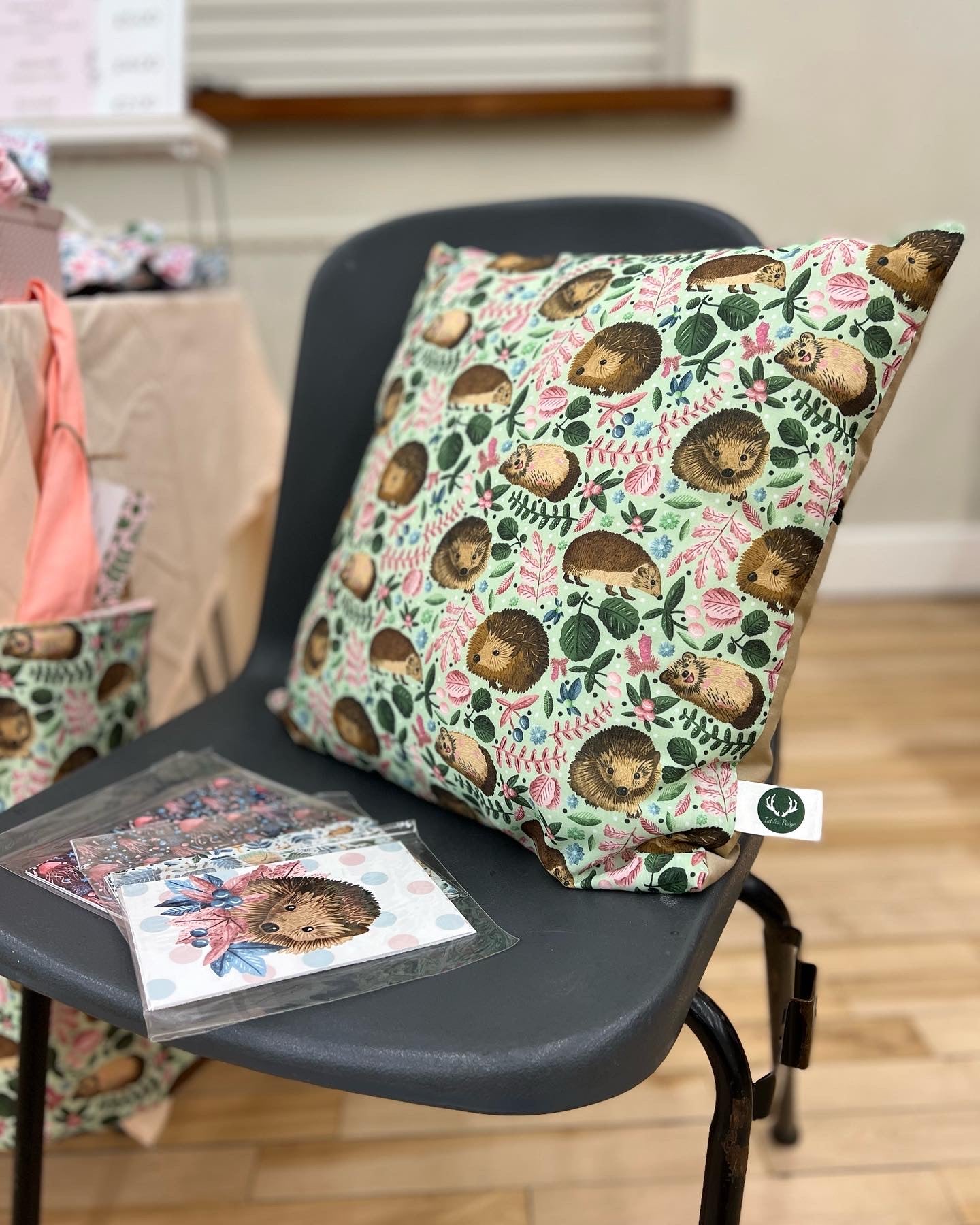 Charming hedgehog cushion, a delightful addition to your cottagecore-inspired decor.