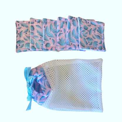 blue foliage patterned reusable skincare pads and washbag on white background