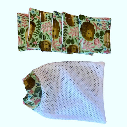 hedgehog patterned skincare pads and washbag on white background