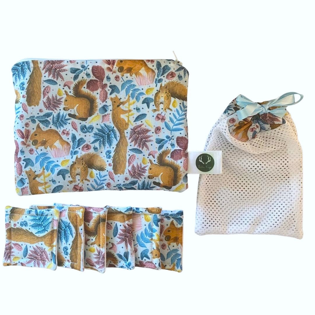 red squirrel pouch, skincare pads and washbag on white surface