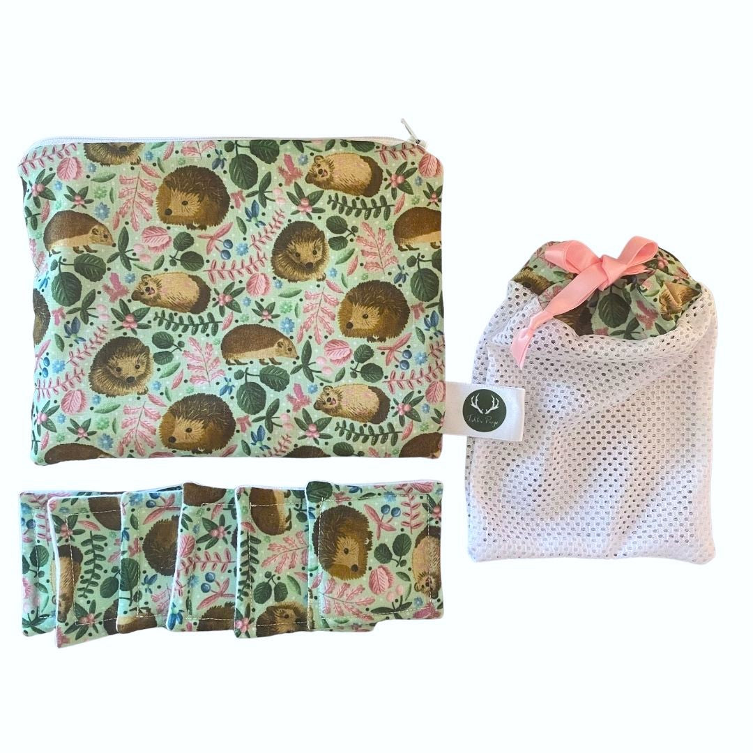 Reusable skincare pads, storage pouch, and washbag in a hedgehog-themed gift set, ideal eco-friendly gift for girlfriend