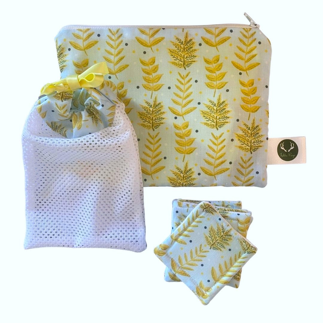 yellow foliage patterned pouch and washbag and skincare pads