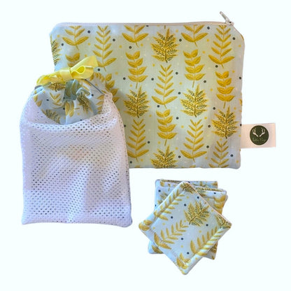 yellow foliage patterned pouch and washbag and skincare pads
