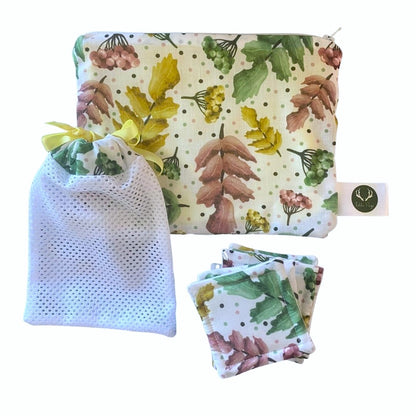 pretty foliage pouch, washbag and reusable skincare pads giftset on white background